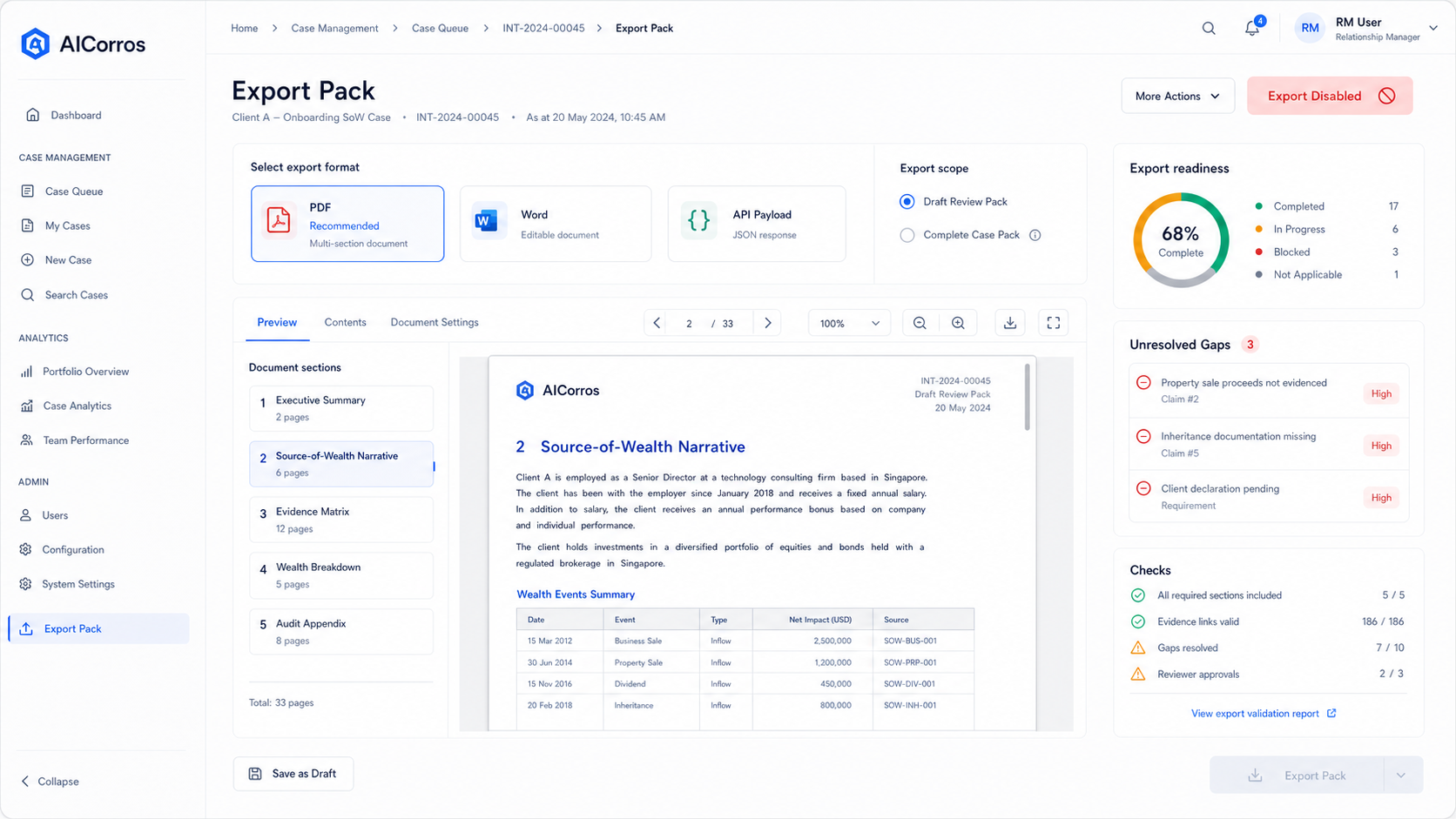 Review pack export screen